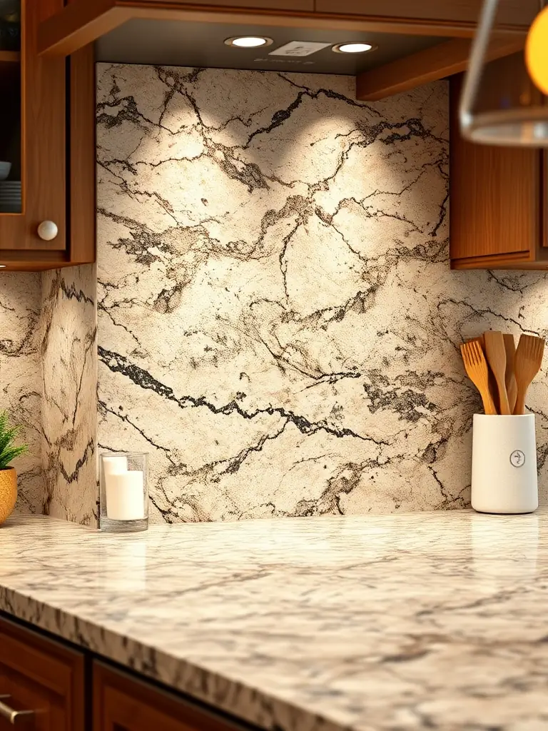 A detailed image of a granite backsplash in a kitchen, highlighting the unique design and how it complements the overall kitchen aesthetic by Cruz And Mariano.