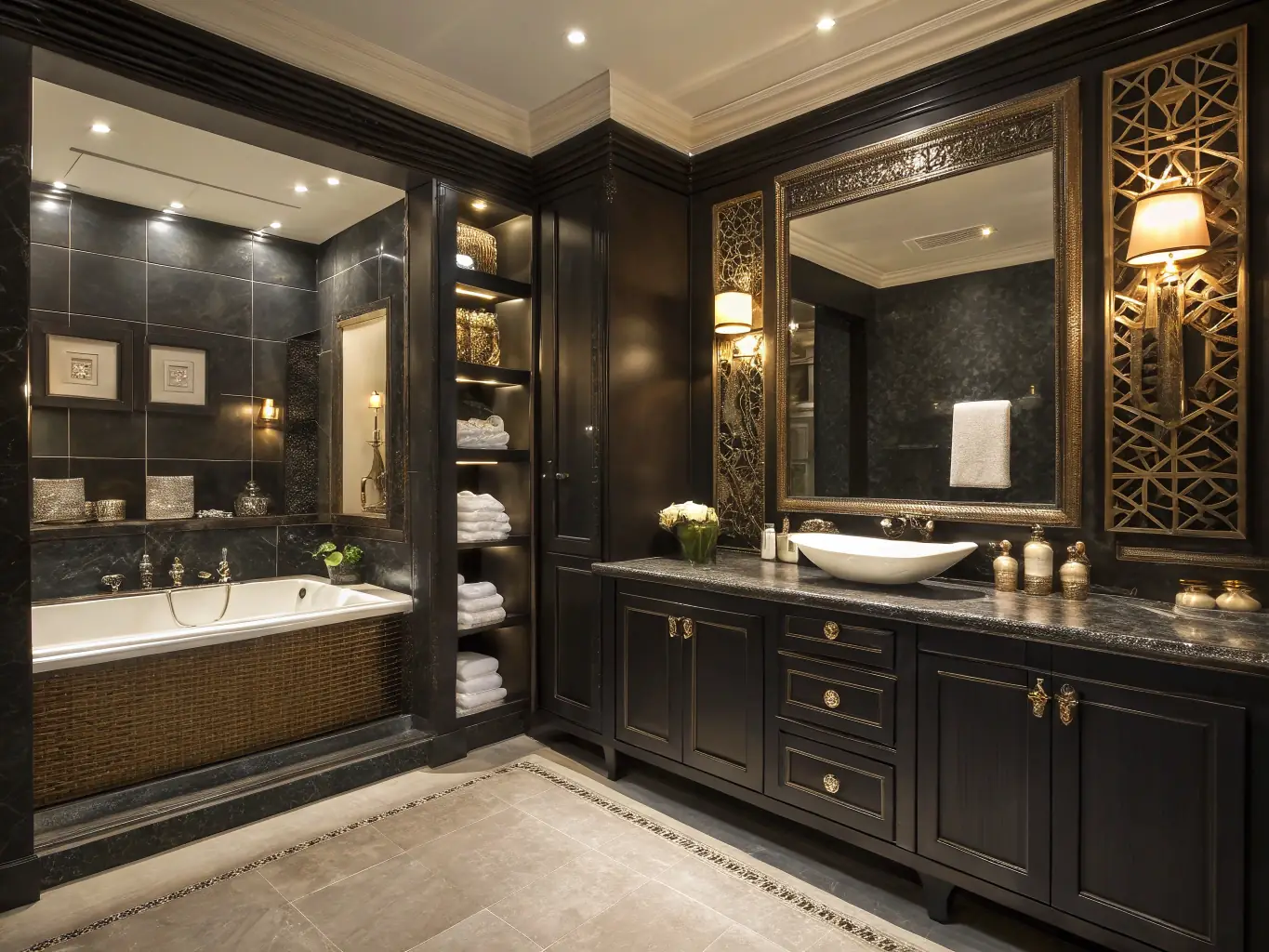 A luxurious bathroom featuring custom granite countertops and flooring, showcasing the elegance and durability of the material.