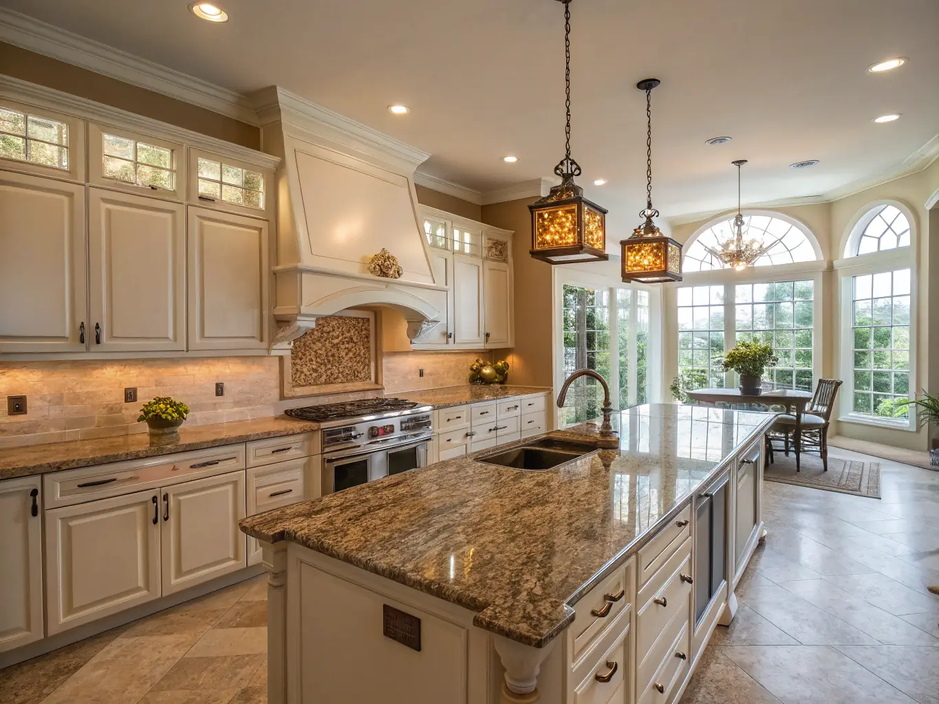 A close-up shot of a newly installed granite countertop in a modern kitchen, highlighting the intricate patterns and smooth finish of the stone.