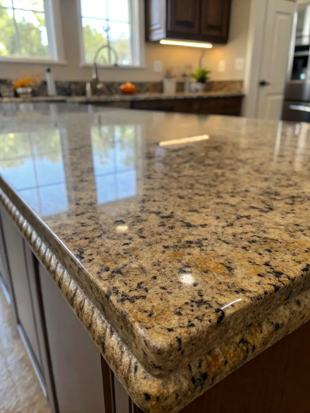 A close-up shot of a polished granite countertop with intricate veining, highlighting the quality and craftsmanship of Cruz And Mariano Granite And Construction.