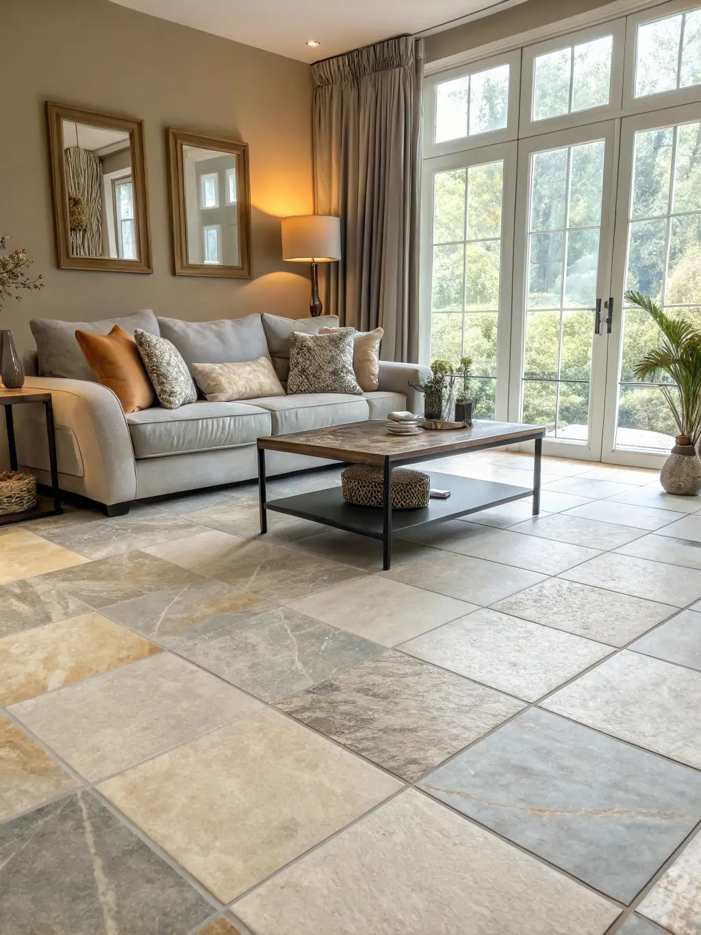 A wide shot of a newly installed granite flooring in a modern living room, showcasing the seamless installation and aesthetic appeal provided by Cruz And Mariano.